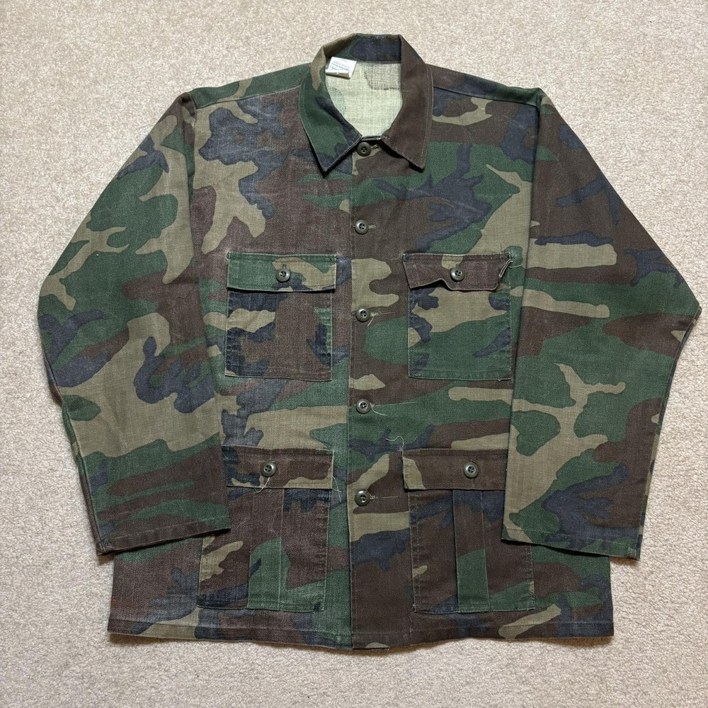 Vtg Jungle Fatigue Jacket XL Green Woodland Camo Military Field Prestige MFG Co